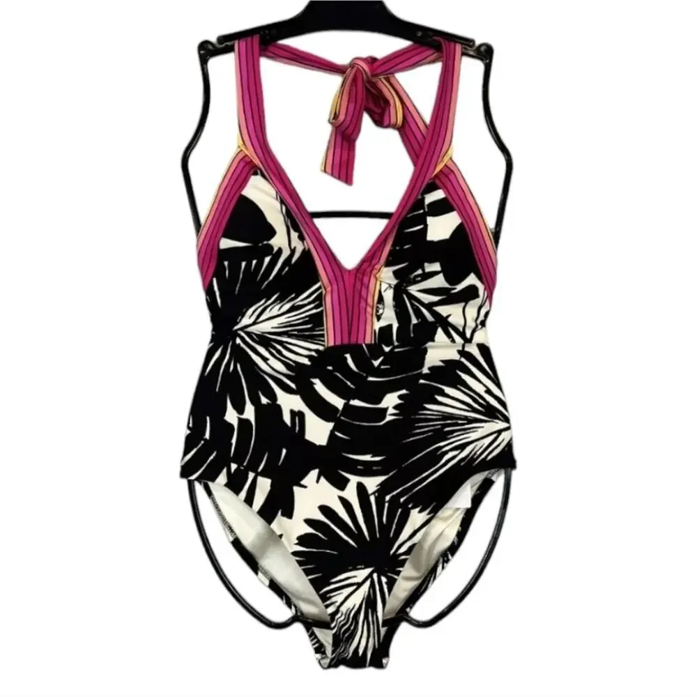 Trina Turk Lennox Plunge Pink One Piece Swimsuit Black White Pink Size 14 NWT